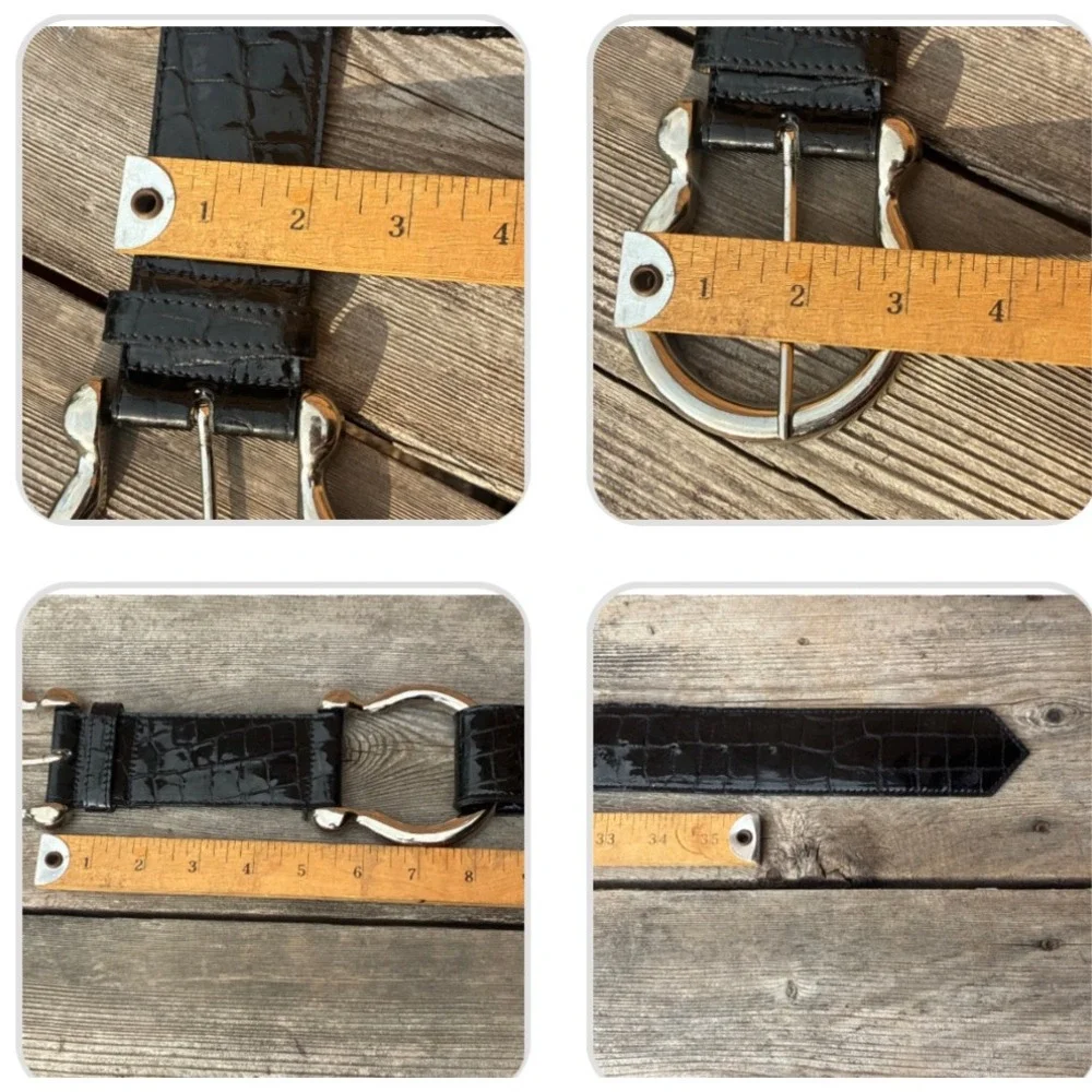 Cache Belt 40' Croc Embossed Patent Leather Wide Black L Horseshoe Buckle 7227